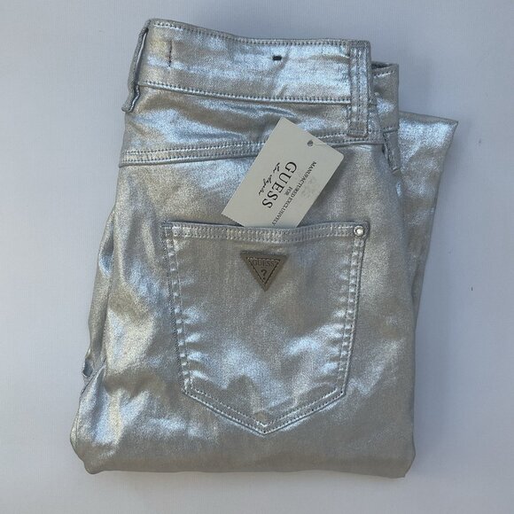 Guess Women’s 1981 High Rise Skinny Jeans Foil Silver Metallic Size 25 - Picture 2 of 11